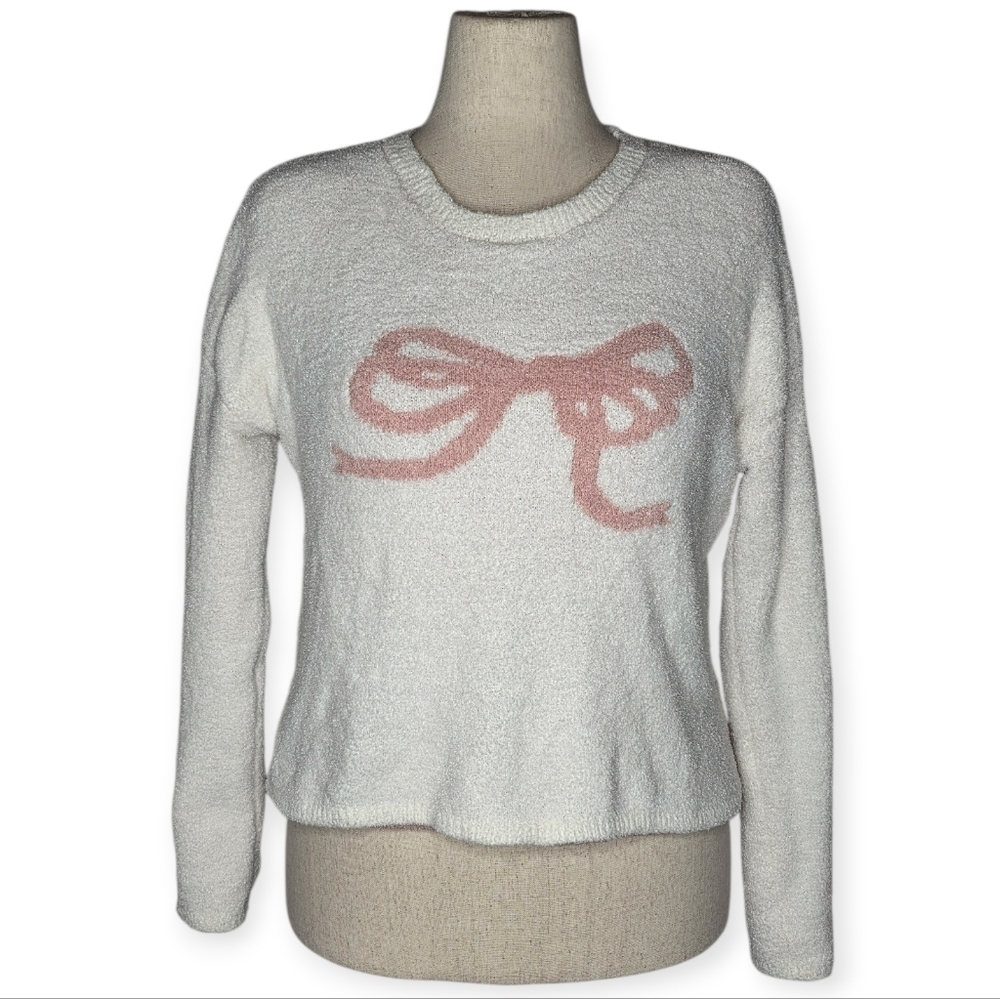 Happily Grey Cream Pink Bow Fuzzy Knit Sweater Size L